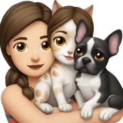 brunette hair girl cuddling a black and white frenchbulldog and a lynx point tabby cat sticker