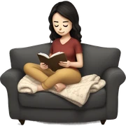 White girl dark hair reading a kindle on a couch with tea and blanket sticker