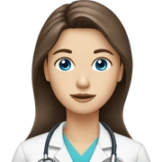 long brown hair, blue eyes, female doctor emoji sticker