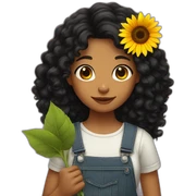 Long black Curly hair Girl holding sunflower sticker
