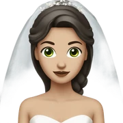 White woman with dark brown straight hair and dark green eyes wearing a wedding dress sticker