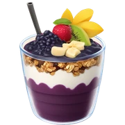 Açaí in a clear cup with layers of fruits and granola and condensed milk sticker