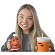 smiling girl with cup by car sticker