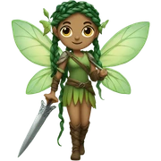 Female, forest fairy, fairy wings, pointed elf ears, box braid hair, vines, holding medieval sword sticker