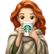 Pretty Redhead girl in cozy blanket drinking Starbucks sticker