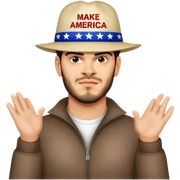 Hat reads “MAKE AMERICA GREAT AGAIN” sticker