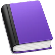 Closed book with purple cover, white pages, black spine sticker