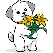 An illustration of a happy maltese doggy carrying a bunch of yellow tiger lillies. sticker