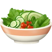 vintage bowl filled with green salad containing cherry tomatoes,cucumber and basil leaves and a salmon steak sticker