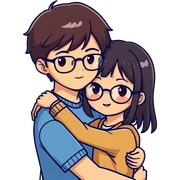 A handsome boy with big hazel eyes, slightly protruding ears, a sharp jawline, dark brown hair and a very sweet Asian girl with medium-length dark hair and bangs, brown eyes and glasses are hugging. sticker