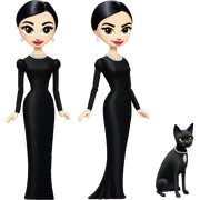 Audrey Hepburn as Sabrina Barbie.Morticia Addams. Show full body. Embroidered long black gown jewelry gloves pearl earrings  sticker