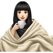 Portrait Girl pale skin with black hair and bangs drinking tea  with a blanket around her  sticker