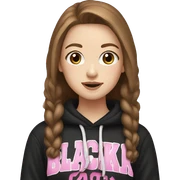 white girl, brown hair wearing blackpink hoodie sticker