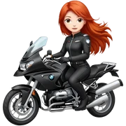 red-haired beautiful girl in a black motorcycle suit on a bmw motorcycle sticker