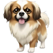 Tibetan spaniel, with a brown face, large black eyes, and floppy ears. Its body is mostly white with brown patches, and it has soft, medium-length fur. The tail curls upwards, covered in feathery fur, giving it a curious and alert look. sticker
