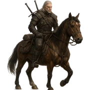 Witcher character in the style of The Witcher series, riding a horse. sticker