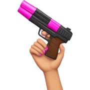 brown hand with pink nails holding large scary dark nerf gun sticker