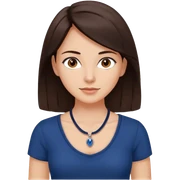 Mulher dos cabelos medios marrons escuros com uma blusa colada azul marinho e olhos castanhos e pele branca e um colar simples sticker