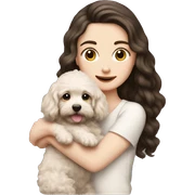 pale white girl with long black hair holding brown bichpoo puppy sticker