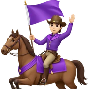 White brunette male Texan rider on a horse waving a blank purple flag sticker