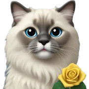 Blue colorpoint ragdoll with dark face and nose holding a yellow rose sticker