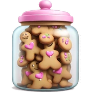Realistic glass cookie jar with light pink lid full of gingerbread cookies isolated.  sticker