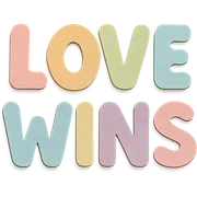 "Love Wins" in soft pastel rainbow soft bubble letters, kawaii rounded text, no border, transparent background sticker