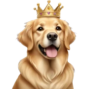 Tan golden retriever wearing a princess crown sticker
