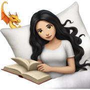 White girl with long black hair lying in bed reading a book with a dragon on the cover sticker