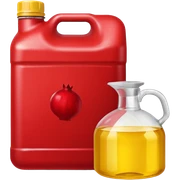 a pomegranate alongside a plastic 20 liter rectangular container filled with used cooking oil sticker