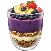 Açaí in a clear cup with layers of fruits and granola and condensed milk sticker