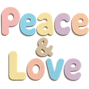 Kawaii cute font "Peace & Love" in soft pastel rainbow rounded bold letters, no border, transparent background sticker