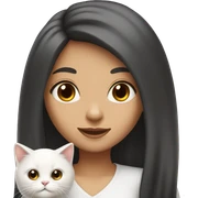 Emoji girl black long hair, brown eyes with white fluffy cat  sticker