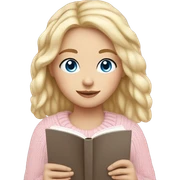 Pretty blue eyed white girl with light pink sweater reading cozy sticker
