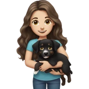 girl with brown hair and blue eyes holding black australian shepherd puppy sticker