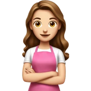 a white girl with long brown hair cooking in a pink apron sticker