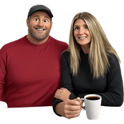 smiling couple with coffee mugs sticker