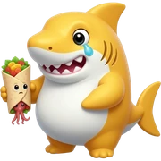 Make a fat yellow shark holding a squid with a burrito crying sticker