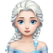 Cinematic Serene Snow Queen Portrait Emoji, rendered in a simplified vector style. Depict a gentle Elsa (chest and above) with delicate icy skin, softly cascading platinum hair, and calm, reflective blue eyes, dressed in her classic ice-blue gown. The image exudes a soft, luminous frosty radiance with high shine and a subtle glowing outline. sticker