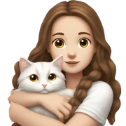 White girl with long brown hair snuggling fluffy white cat sticker