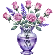 Watercolor painting of roses and lavender in a crystal vase, with light brushstrokes visible sticker