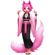 Full body female, succubus kitsune, neon pink eyes, vibrant pink hair, alabaster skin, fluffy black tails, pink tail tips, spiked choker, unique heritage, seductive charm, rebellious spirit, traditional kimonos, spiked anklets, and Barefoot 
 sticker