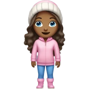 A dark-haired girl with long hair with fair skin and blue eyes in a winter pink jumpsuit sticker