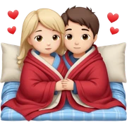 "Cute romantic chibi couple cuddling in bed, kissing gently with blushing cheeks. Both characters under a cozy blanket so clothing is not visible, only shoulders showing. Soft warm lighting, small heart above them, smooth shading, round chibi faces, clean outlines, sticker-style illustration Naked sticker