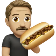 White man with brown hair and a mustache, eating a cheesesteak sub sticker