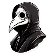 Man wearing a black plague doctor mask in a hood, with head back laughing sticker