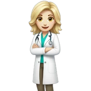 Blonde beautiful doctor, dark hair lights, white doctor coat, happy sticker