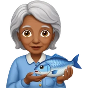 Elderly woman with brown skin and a fish in her hand sticker