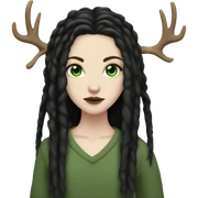 Girl with pale skin, green eyes, black dread-locks, eyeliner, deer antlers, grunge sticker