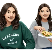 smiling girl holding food sticker